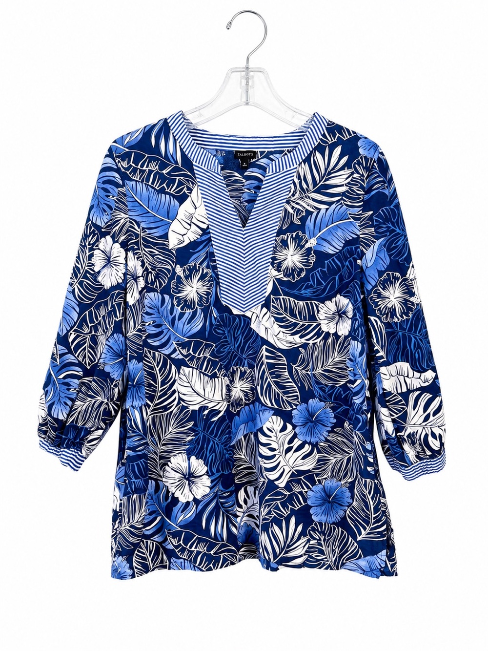 Talbots Blue Tropical Floral Cotton Tunic 3/4 Sleeve Split Neck LG Cottagecore